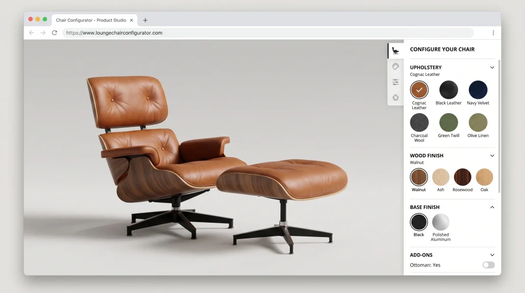Browser-based 3D product configurator showing a lounge chair with material selector panel
