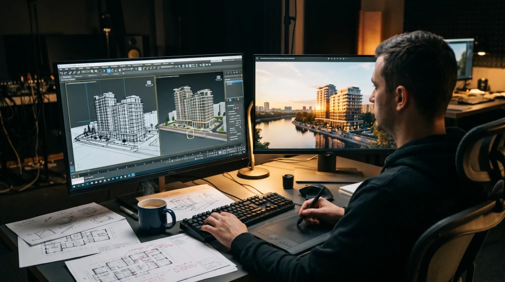 Over-the-shoulder view of a 3D artist working in 3ds Max with a Corona-rendered preview of an architectural model on the second screen.