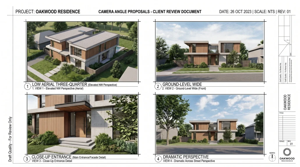 A contact sheet showing four different camera angle proposals for an architectural render, used during the camera-selection stage of a visualization project.