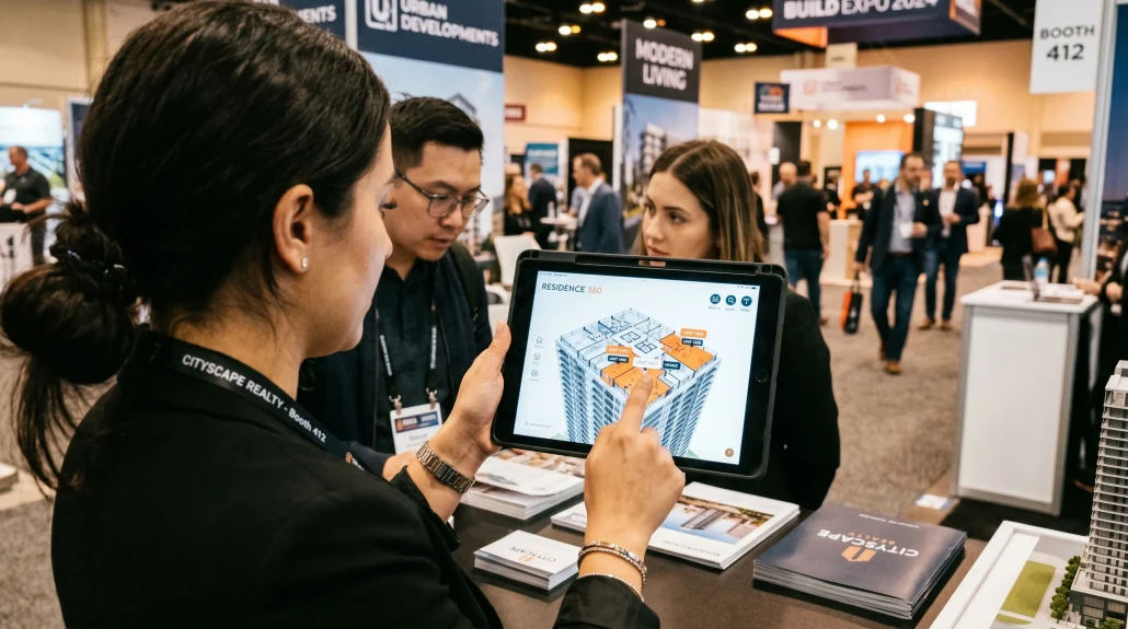 Sales representative demonstrating an interactive 3D apartment model on a tablet at a trade show booth