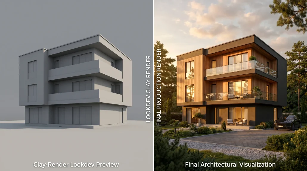 Side-by-side comparison of a clay-render lookdev preview and the same architectural model rendered with full materials and golden-hour lighting.