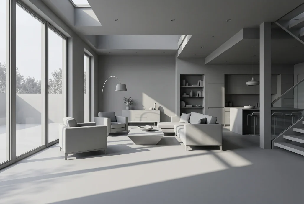 Clay render of a modern interior used to lock camera angle and composition before materials and lighting are added