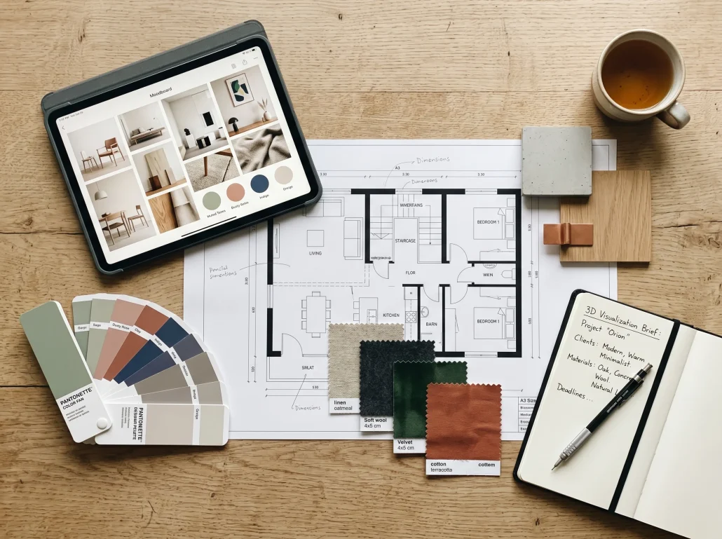 Designer's project brief materials including floor plan, fabric swatches and a tablet moodboard