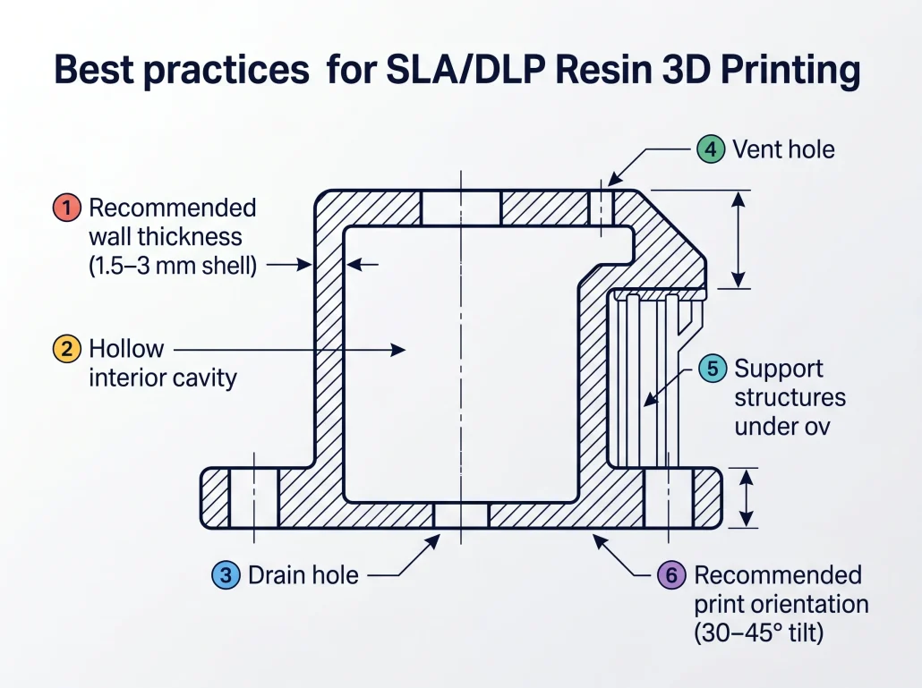 Cross-section diagram of a print-ready 3D model labeling wall thickness, hollowing, drain hole, and orientation.
