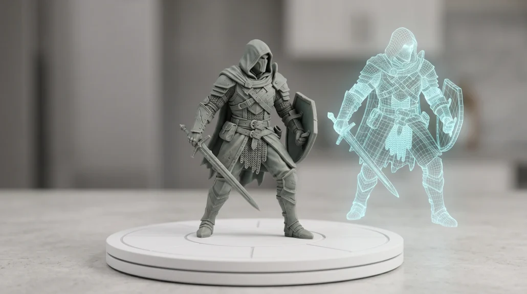 A printed character figurine and its wireframe 3D model side by side, illustrating 3D modeling for 3D printing.