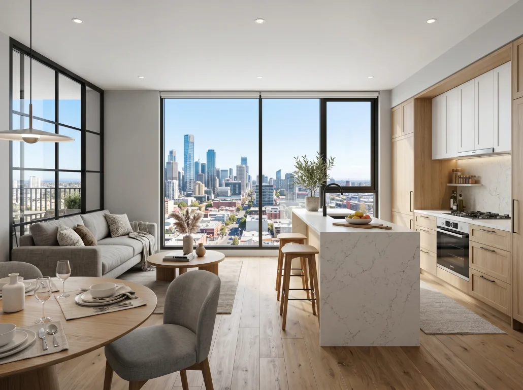 Interior render of an open-plan kitchen and living area for an off-plan real estate listing