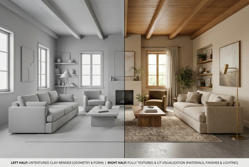 Side-by-side comparison of a clay-render workflow stage and the same interior fully textured and lit