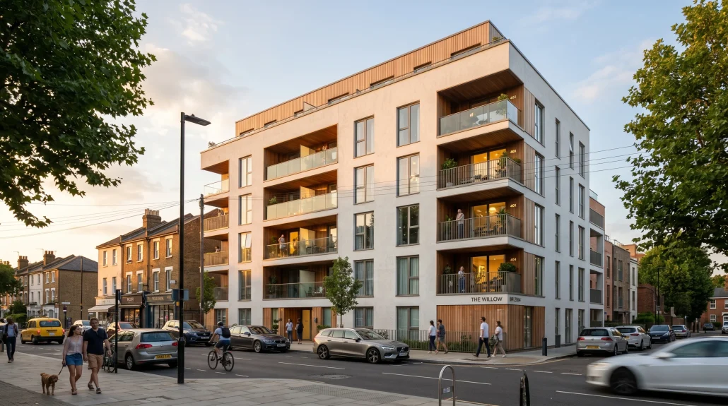 Photoreal exterior render of a contemporary residential building in context at golden hour, the kind of 3D visualization for architects used in planning and marketing submissions