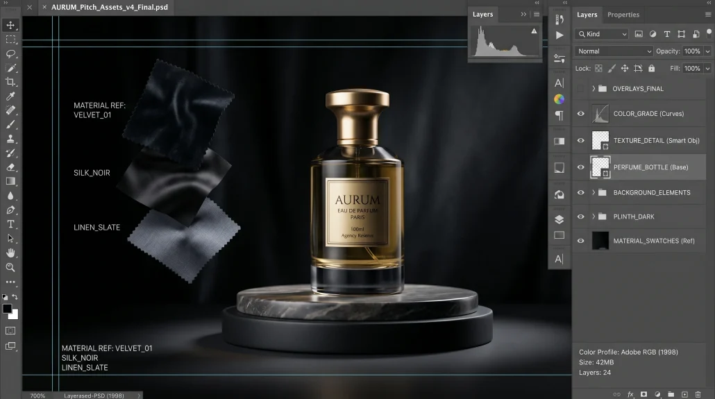 Photoreal 3D product render of a perfume bottle on a studio plinth with layered post-production overlays