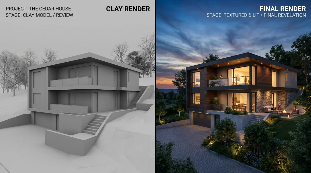 Clay-render to final-render comparison of a modern residential exterior at dusk