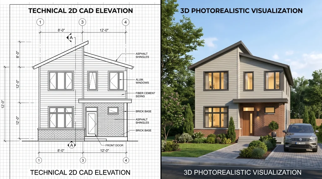 Side-by-side comparison of a technical 2D elevation drawing and a finished 3D exterior render of the same residential building.