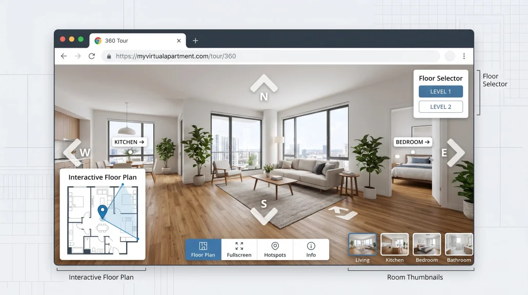 Mock-up of an in-browser 360 panoramic tour interface for a real estate listing
