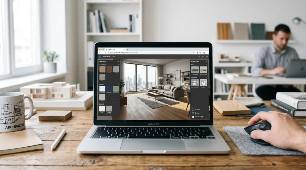 Laptop displaying an interactive WebGL architectural visualization with controls for switching finishes and layouts in a modern apartment interior.