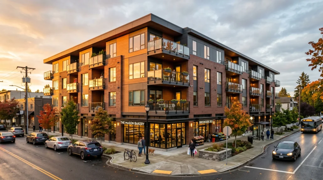 Photorealistic exterior architectural visualization of a mid-rise residential development at golden hour, shown in real site context with landscaping and street frontage.