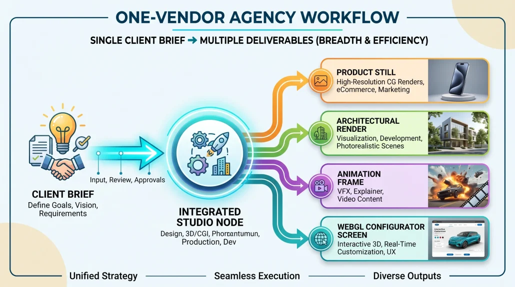 Workflow diagram showing one studio producing multiple deliverable types from a single agency brief