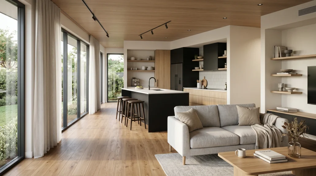 Photoreal interior render of a modern open-plan living-kitchen space used as a designer client presentation visual