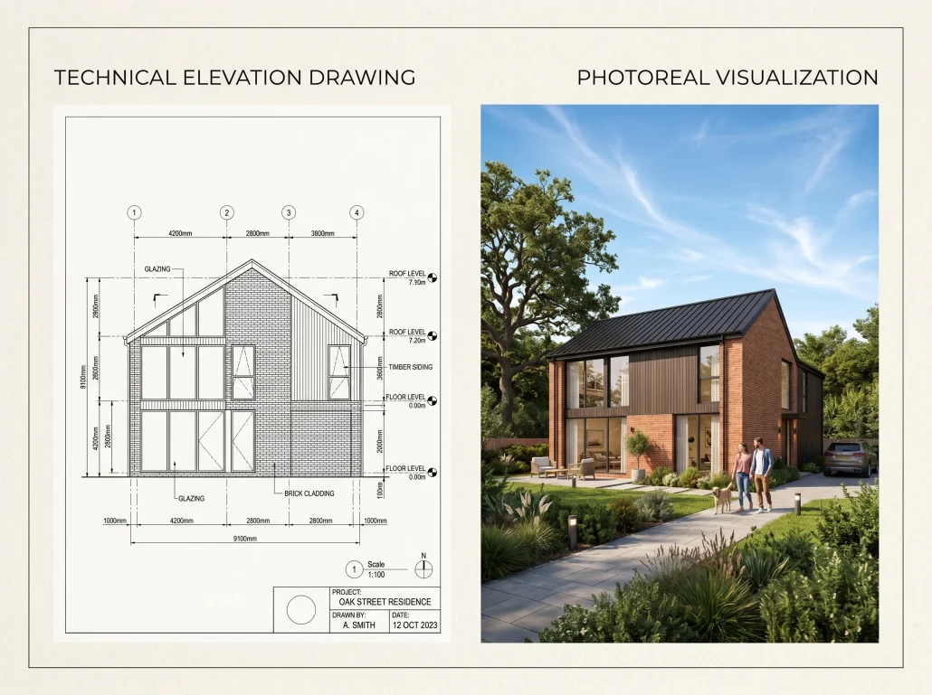 Side-by-side comparison of a technical architectural elevation drawing and the same building shown as a photoreal exterior render