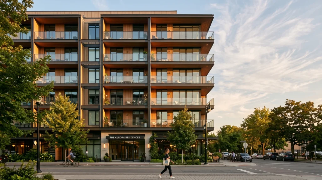 Photoreal exterior render of a contemporary residential building at golden hour for a real estate listing
