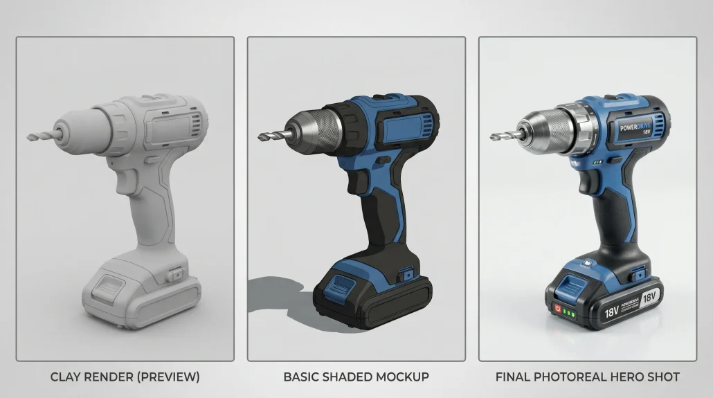 Three-stage progression of a 3D product animation from clay render to final photoreal output