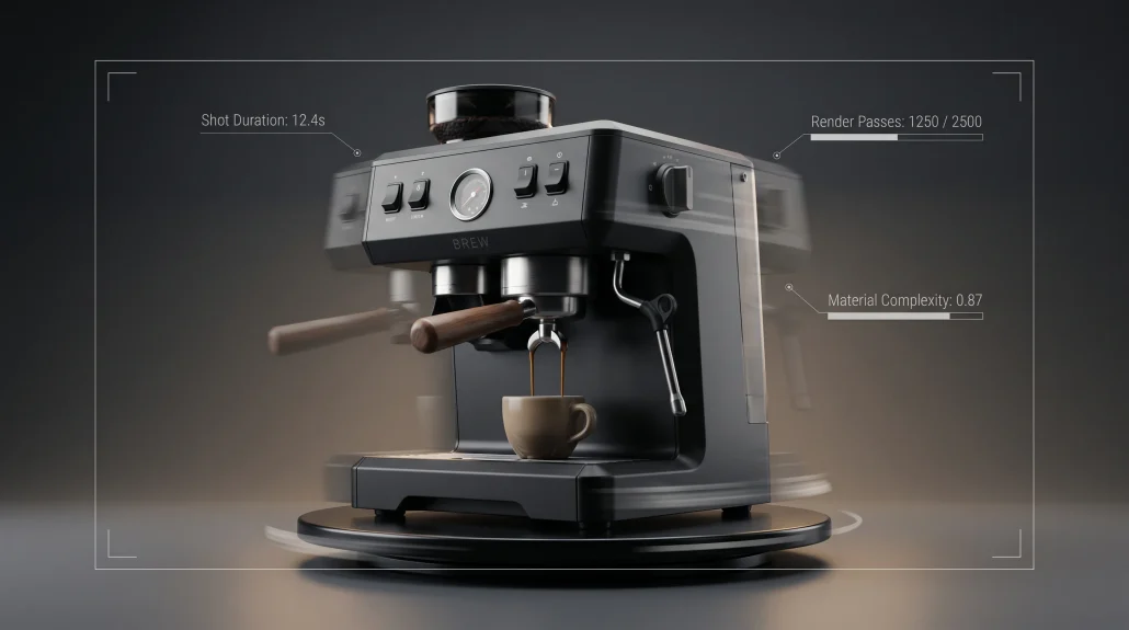 Photoreal 3D product animation render of an espresso machine with motion-trail and shot annotations
