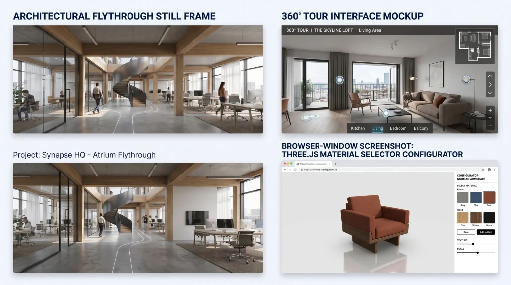 Animation, virtual tour, and WebGL configurator examples side by side