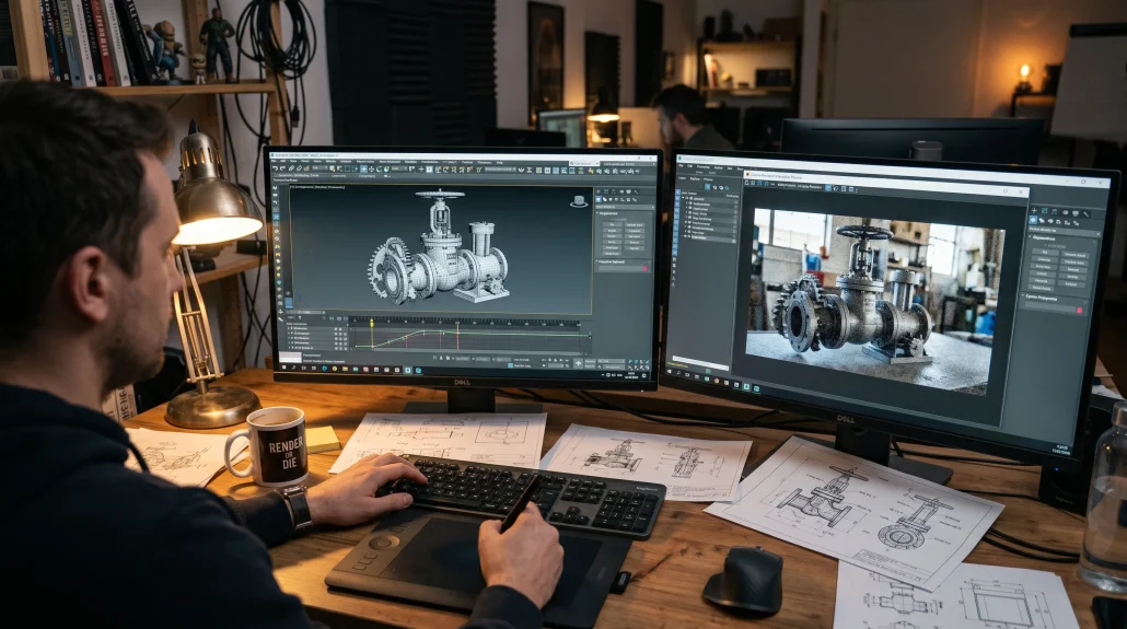 3D artist animating an industrial product in 3ds Max with a Corona render preview