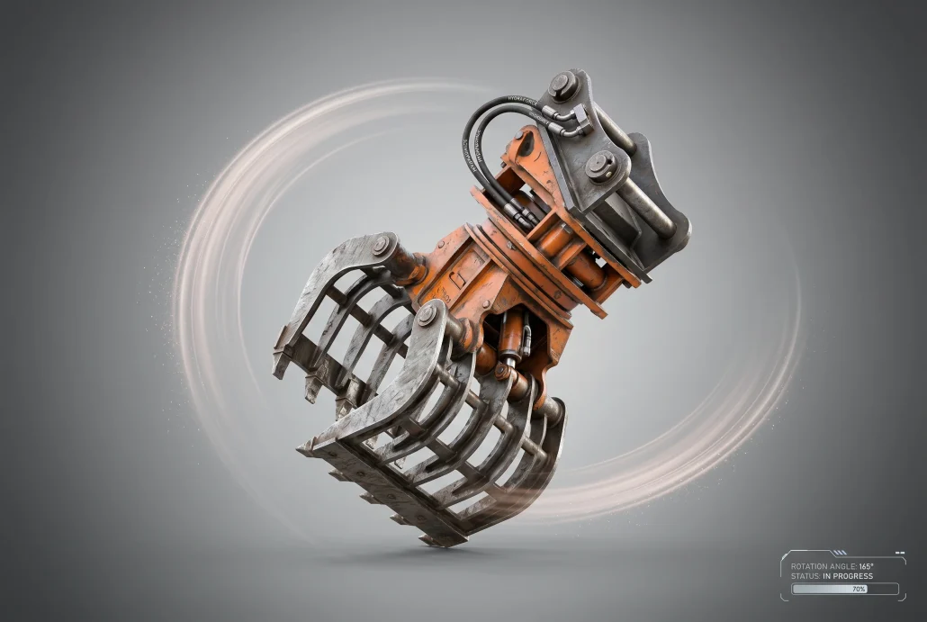 Construction equipment attachment shown mid-rotation in a 3D product animation studio scene