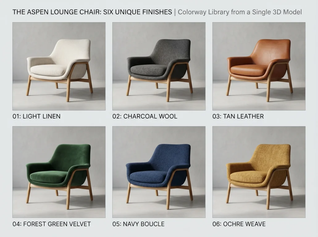 Six identical lounge chairs rendered in different upholstery finishes, showing 3D catalog variant production