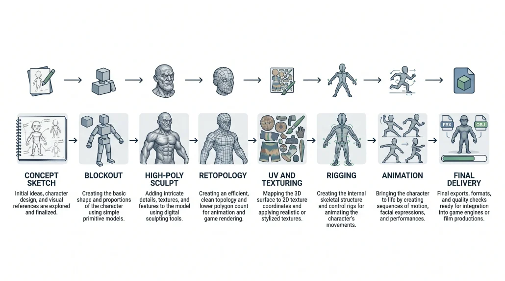 Pipeline diagram of the 3D character design process from concept sketch through final delivery.
