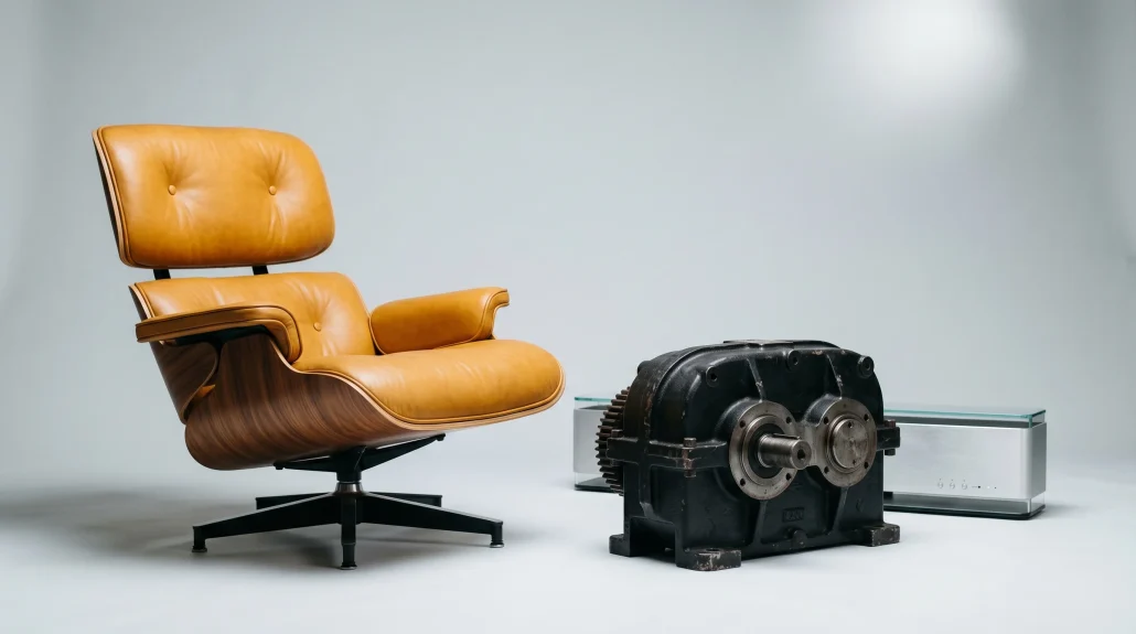 Studio CGI render showing a furniture piece, industrial component, and consumer device against a neutral backdrop