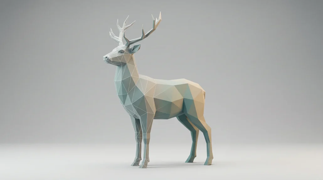 Stylized low-poly 3D character model with visible polygon facets, half shaded and half wireframe, on a neutral studio backdrop