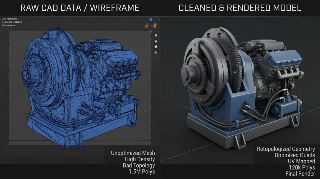 Before-and-after view of a CAD file: raw engineering geometry versus the cleaned, render-ready model