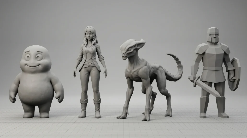 Four 3D characters in clay render style showing different design directions: cartoon mascot, anime figure, creature, and low-poly game character.