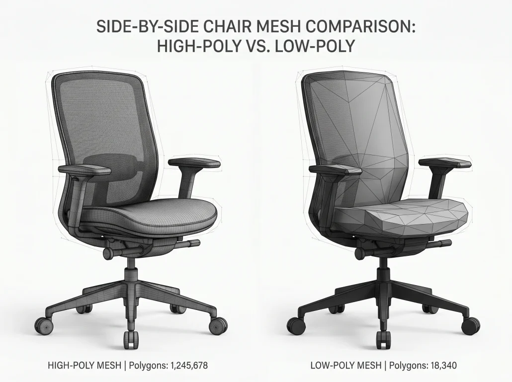High-poly versus low-poly chair comparison showing mesh density differences for web and game performance