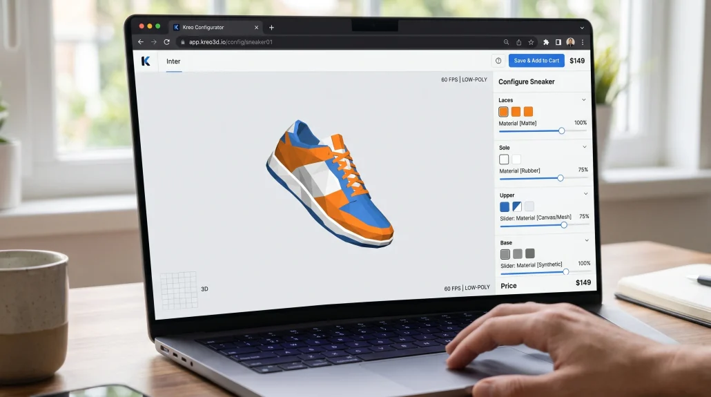 Browser-based WebGL configurator showing an interactive low-poly product model with material controls