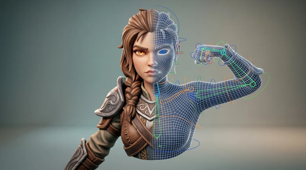 Stylized 3D character bust shown split between finished textured render and underlying wireframe rig