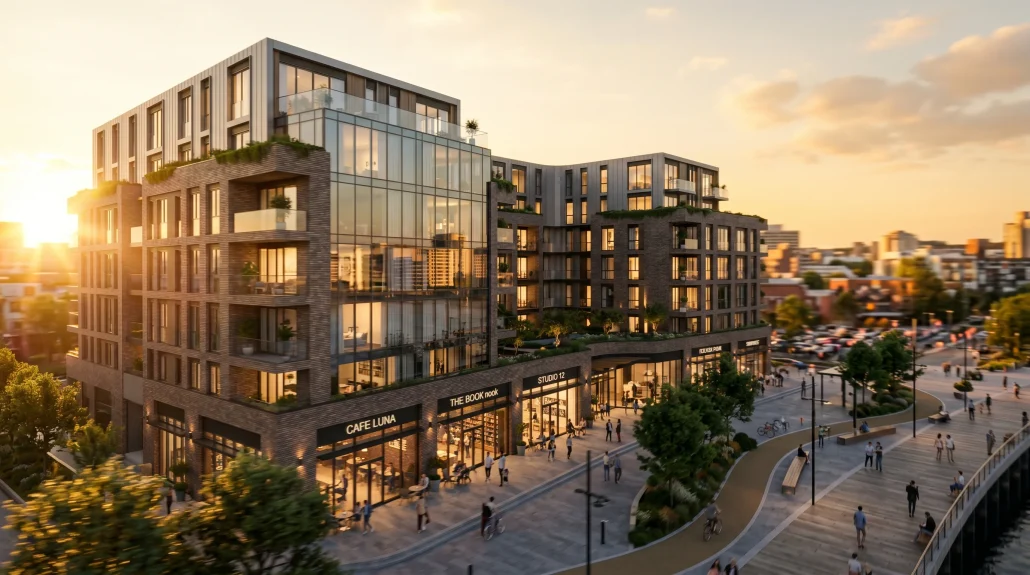 Cinematic still from an architectural animation showing a contemporary mixed-use building with motion-blurred urban context at golden hour.