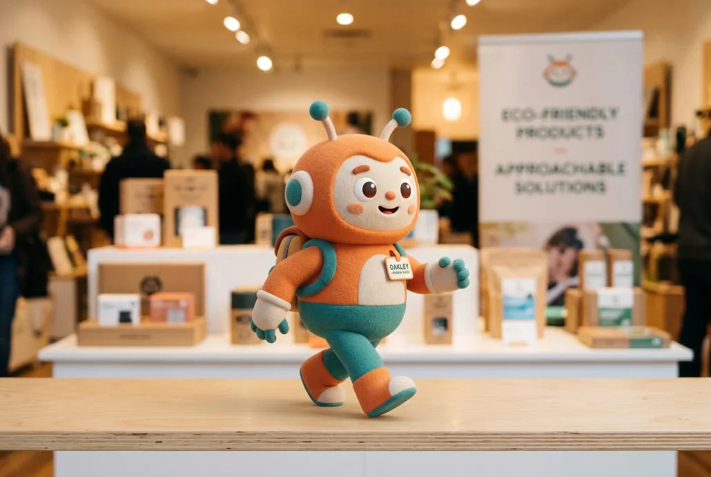 Stylized 3D character mascot in walk-cycle pose used as a brand mascot in a product context