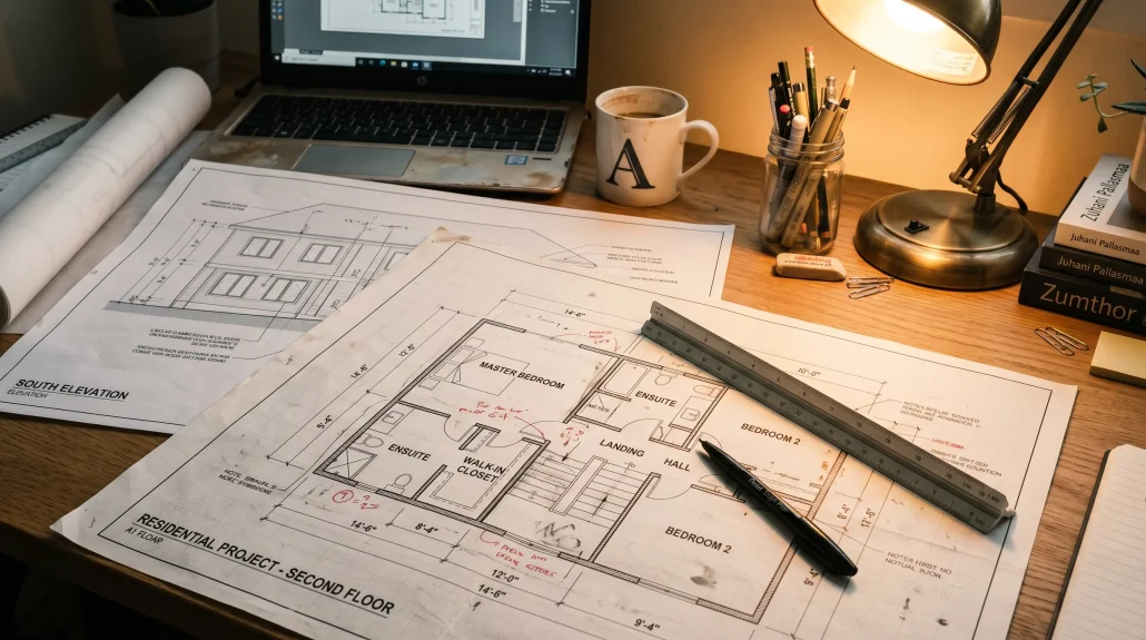 Architectural drawing sheets showing floor plan and elevation on a drafting desk with scale ruler and pen