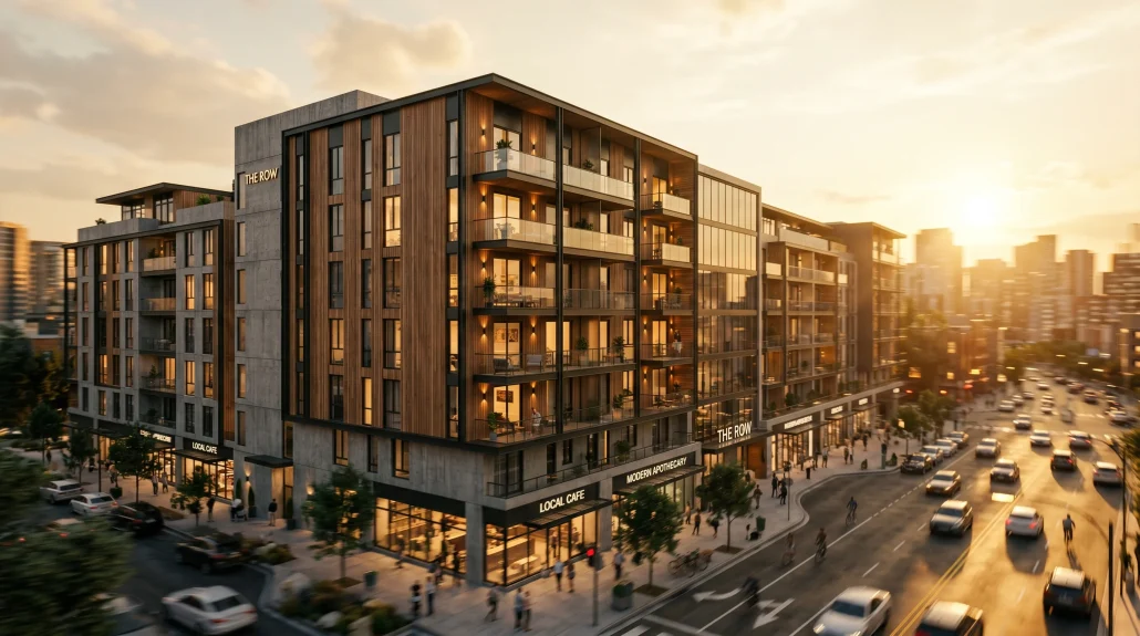 Cinematic 3D architectural animation still showing a modern mixed-use building at golden hour