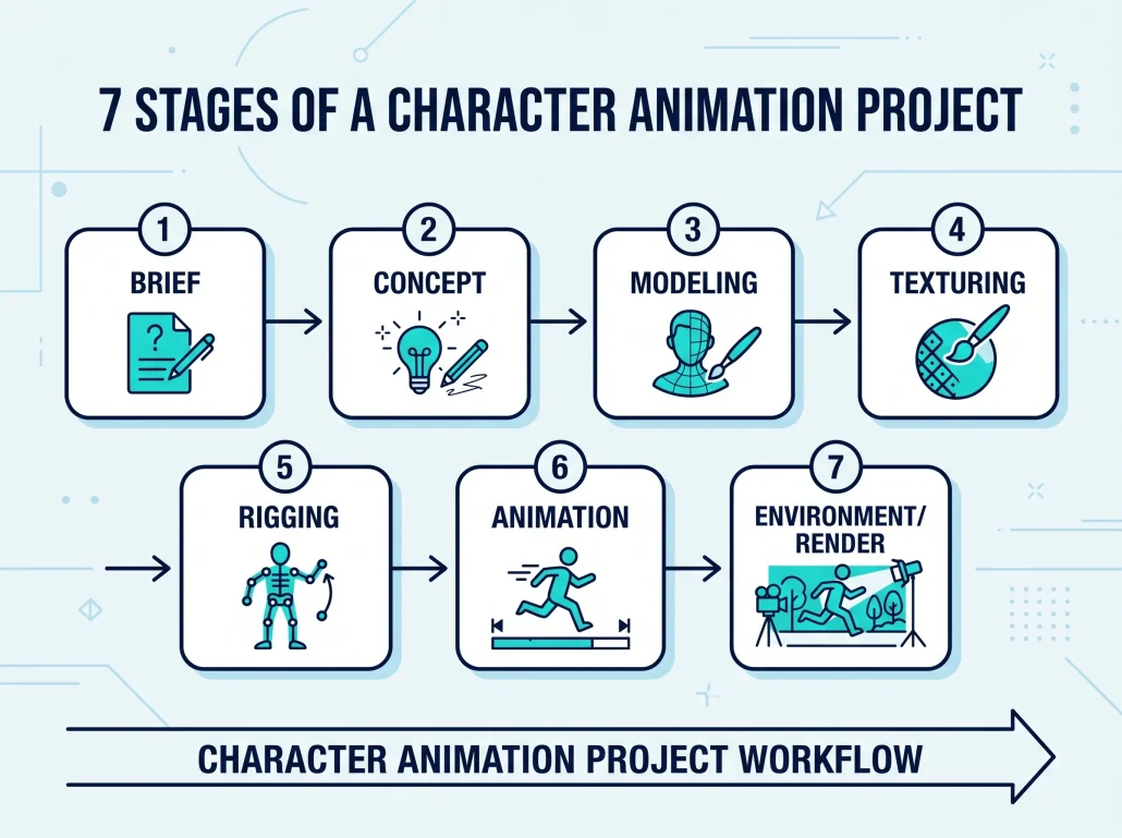 Diagram showing seven sequential stages of a 3D character animation project from brief to final render