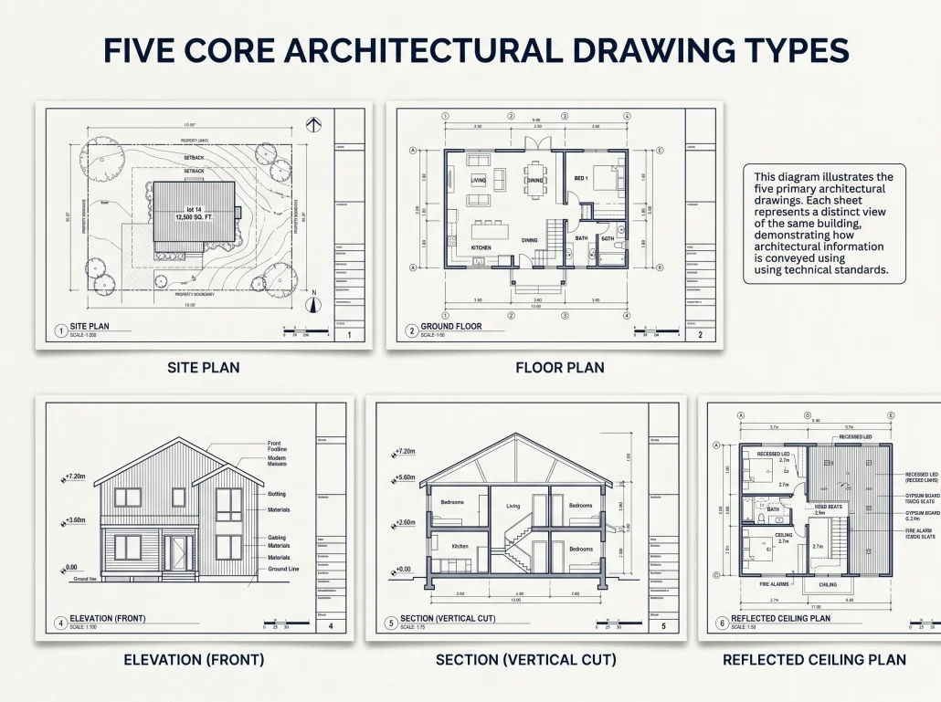 Diagram comparing five architectural drawing types: site plan, floor plan, elevation, section, and reflected ceiling plan