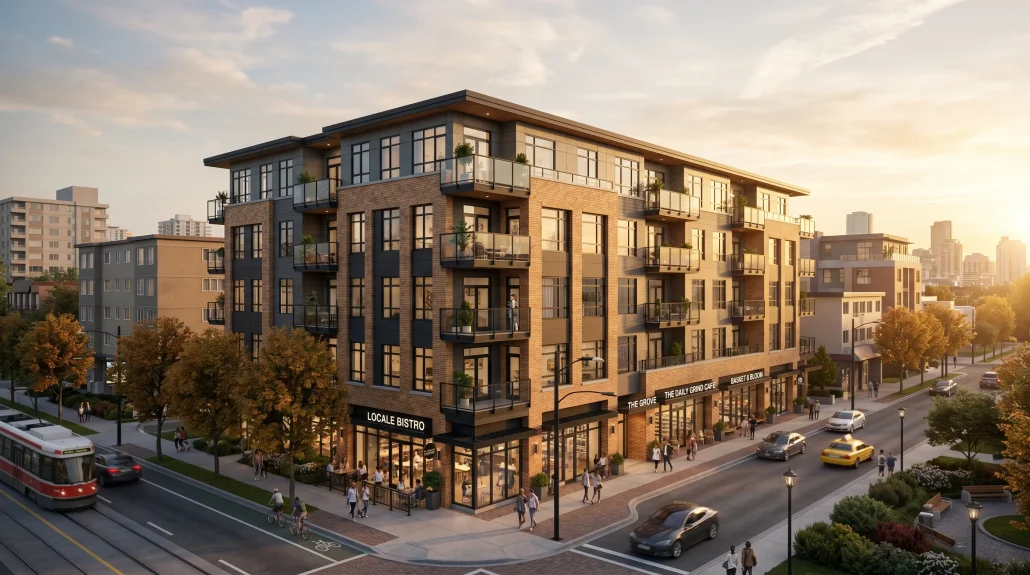 Photoreal exterior render of a modern mid-rise mixed-use residential building at golden hour, used as the hero image for a 3D architectural services hub page.