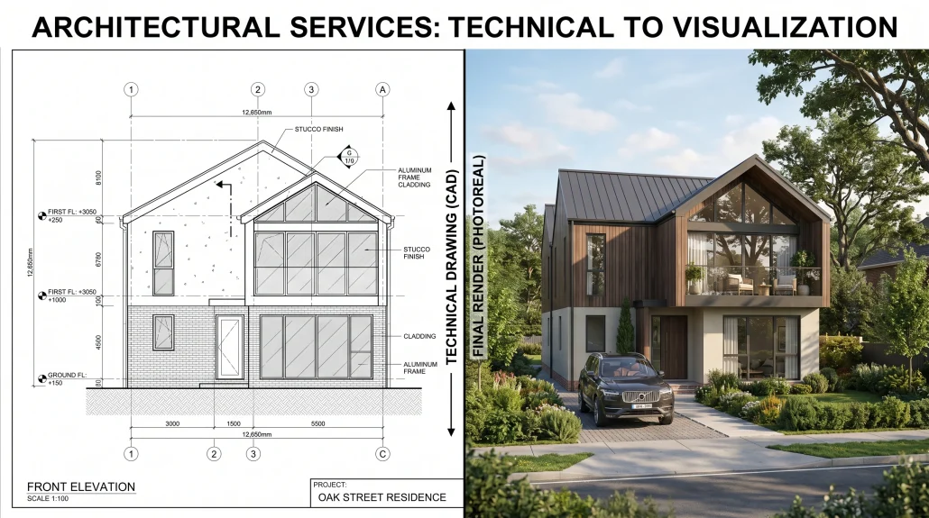 Side-by-side diagram comparing a 2D architectural elevation drawing on the left with a full-colour photoreal render of the same building on the right.