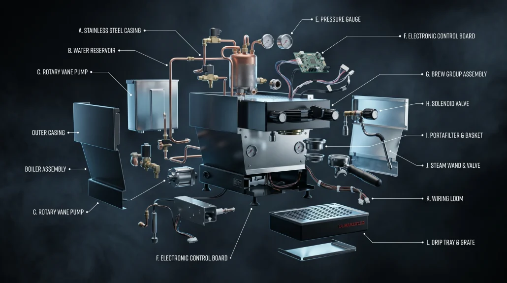 Exploded view of a mechanical product showing internal components, styled like a freeze-frame from a 3D product explainer animation
