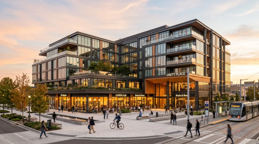 Photoreal exterior rendering of a contemporary mixed-use development at golden hour