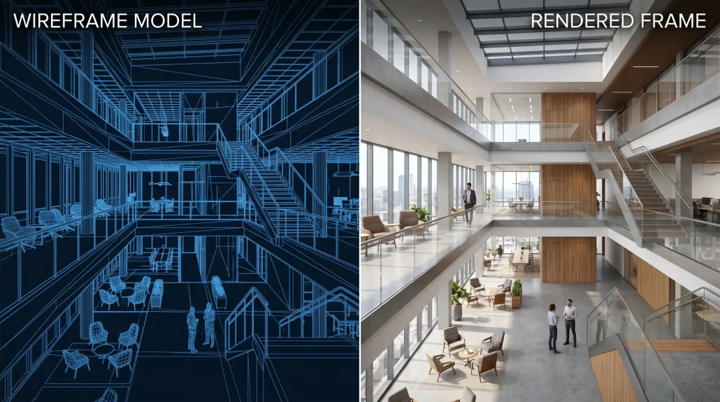 Wireframe model on the left transitioning to finished photoreal render on the right, illustrating the 3D animation production pipeline