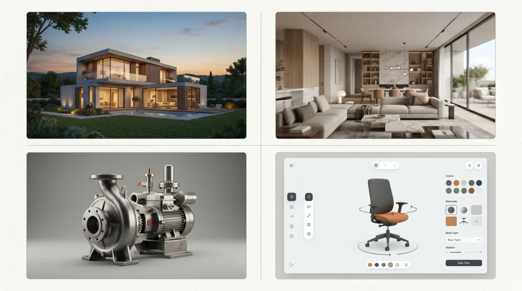 Mood board showing four 3D solution categories: architectural exterior render, product CGI, animation still, and WebGL configurator.