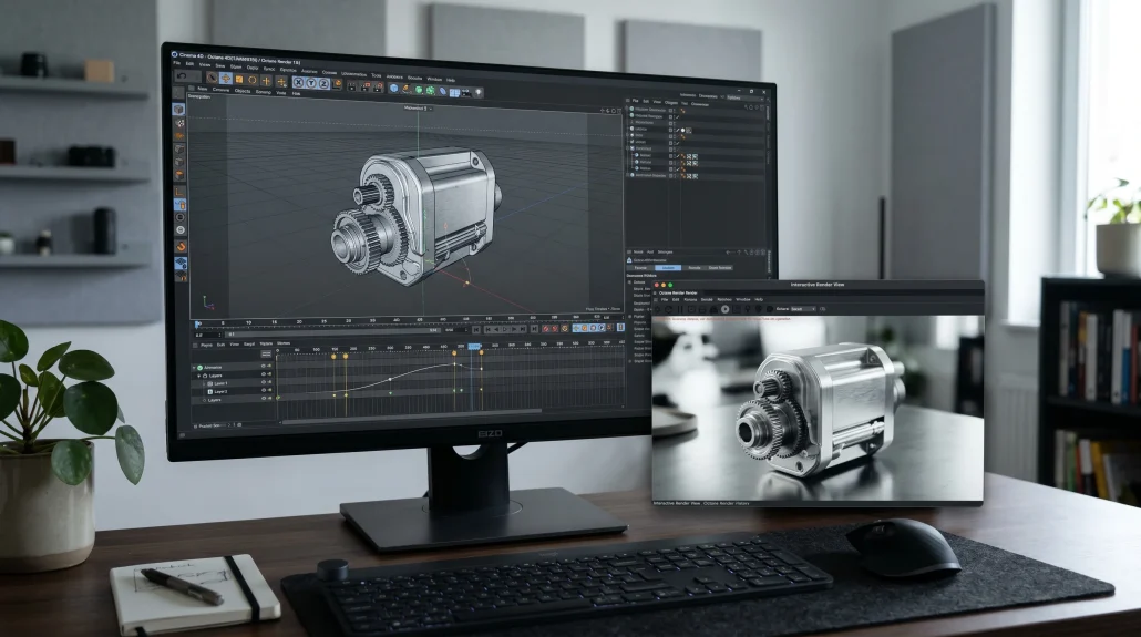 3D product animation software showing a metallic component in viewport with render preview