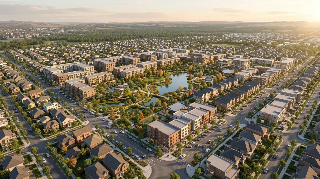 Aerial 3D visualization of a residential masterplan with mixed-use buildings and landscaping